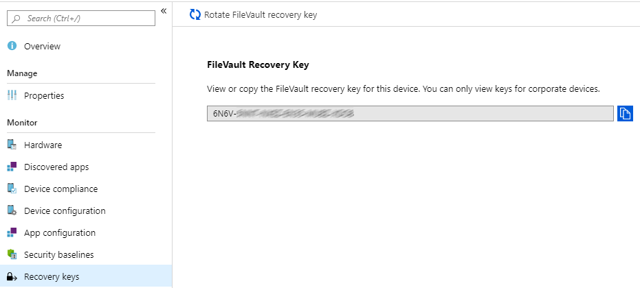 Recovery keys tab in Intune admin portal